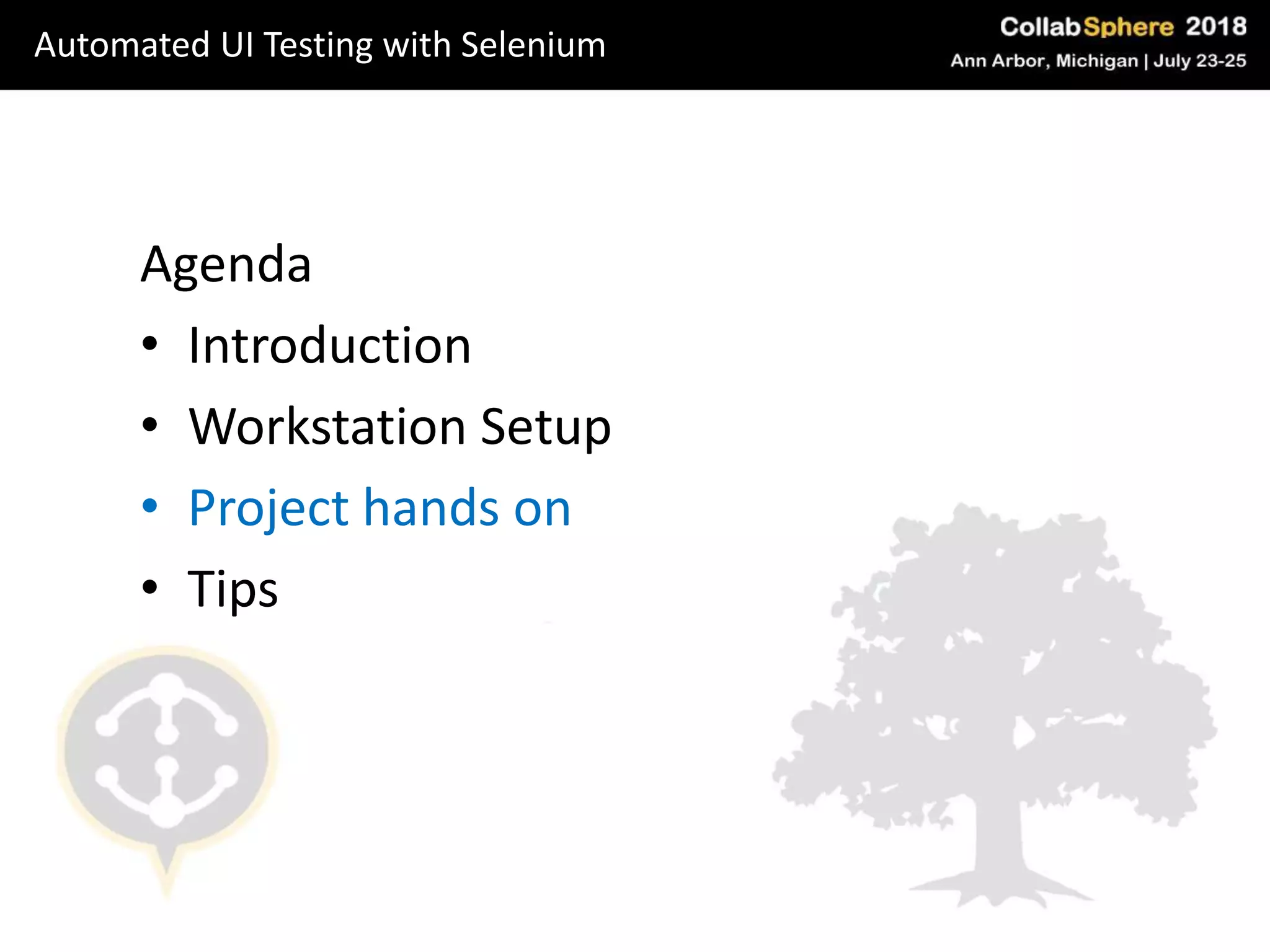 Agenda
• Introduction
• Workstation Setup
• Project hands on
• Tips
Automated UI Testing with Selenium
 