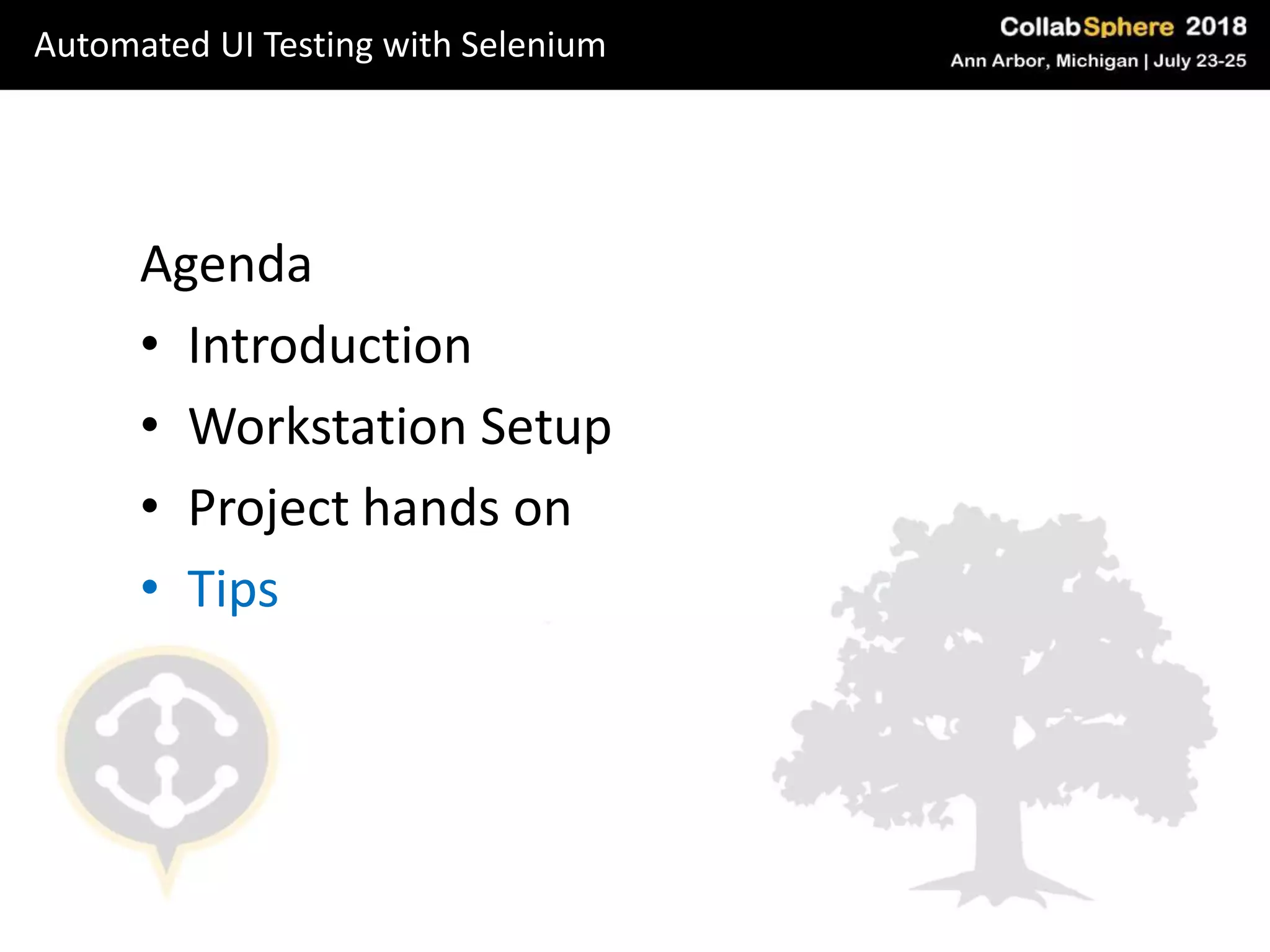 Agenda
• Introduction
• Workstation Setup
• Project hands on
• Tips
Automated UI Testing with Selenium
 
