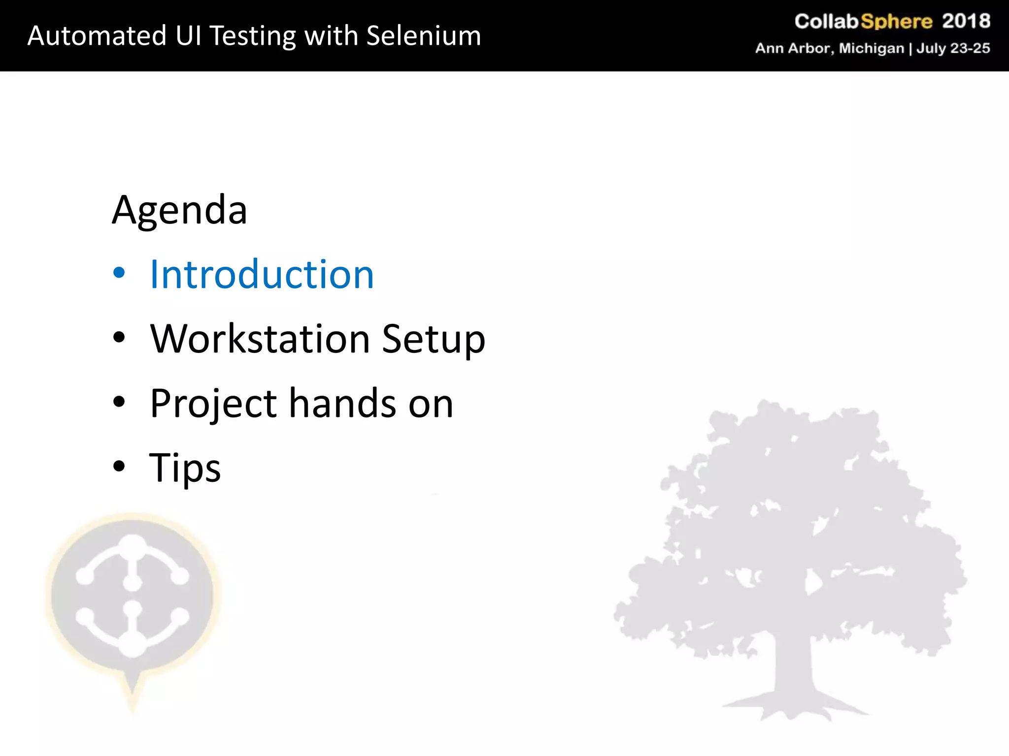 Agenda
• Introduction
• Workstation Setup
• Project hands on
• Tips
Automated UI Testing with Selenium
 