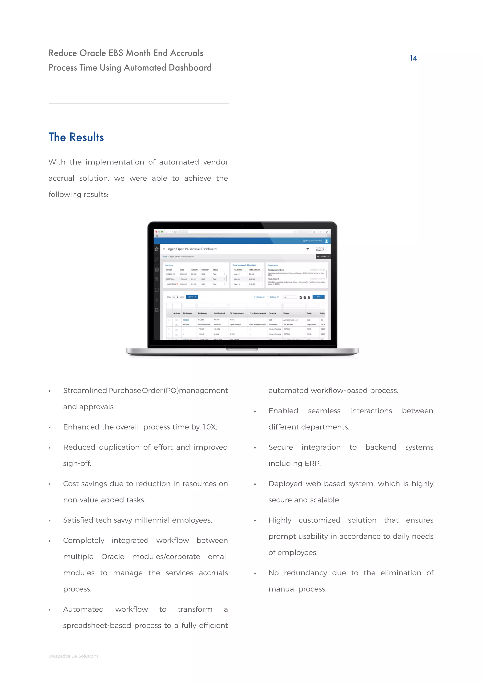 Reduce Oracle EBS Month End Accruals
Process Time Using Automated Dashboard
The Results
With the implementation of automated vendor
accrual solution, we were able to achieve the
following results:
•• StreamlinedPurchaseOrder(PO)management
and approvals.
•• Enhanced the overall process time by 10X.
•• Reduced duplication of effort and improved
sign-off.
•• Cost savings due to reduction in resources on
non-value added tasks.
•• Satisfied tech savvy millennial employees. 	
•• Completely integrated workflow between
multiple Oracle modules/corporate email
modules to manage the services accruals
process.
•• Automated workflow to transform a
spreadsheet-based process to a fully efficient
automated workflow-based process.
•• Enabled seamless interactions between
different departments.
•• Secure integration to backend systems
including ERP.
•• Deployed web-based system, which is highly
secure and scalable.
•• Highly customized solution that ensures
prompt usability in accordance to daily needs
of employees.
•• No redundancy due to the elimination of
manual process.
14
©RapidValue Solutions
 