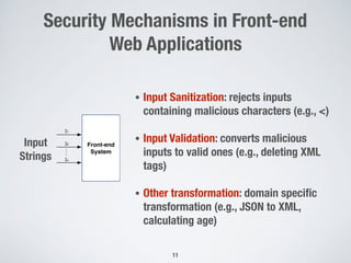 Security Mechanisms in Front-end
Web Applications
• Input Sanitization: rejects inputs
containing malicious characters (e.g., <)
• Input Validation: converts malicious
inputs to valid ones (e.g., deleting XML
tags)
• Other transformation: domain speciﬁc
transformation (e.g., JSON to XML,
calculating age)
11
Front-end
System
XML
I1
I2
In
Generated XML
Messages
Back-end
Systems
System 1
System 2
System n
Input
Strings
 