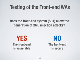 Testing of the Front-end WAs
12
Does the front-end system (SUT) allow the
generation of XML injection attacks?
YES
The front-end
is vulnerable
NO
The front-end
is secure
 
