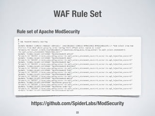 WAF Rule Set
22
Rule set of Apache ModSecurity
https://github.com/SpiderLabs/ModSecurity
 