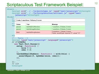 12
Scriptaculous Test Framework Beispiel:
<html>...
    <script src=quot;../../js/prototype.jsquot; type=quot;text/javascr...