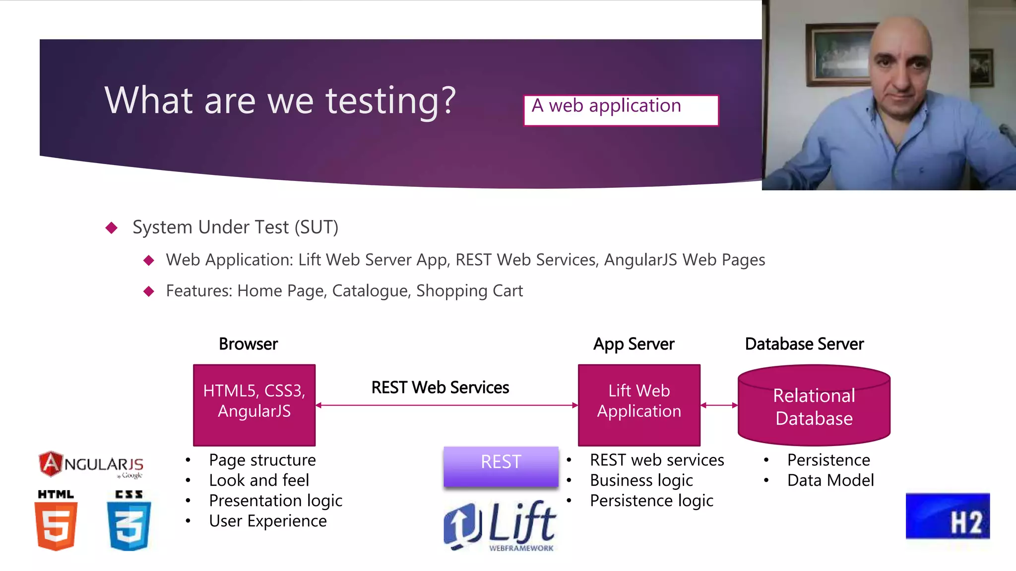 What are we testing?  System Under Test (SUT)  Web Application: Lift Web Server App, REST Web Services, AngularJS Web Pages  Features: Home Page, Catalogue, Shopping Cart Browser HTML5, CSS3, AngularJS App Server Database Server REST Web Services Relational Lift Web Application Database • Page structure • Look and feel • Presentation logic • User Experience • REST web services • Business logic • Persistence logic • Persistence • Data Model 4 A web application REST 