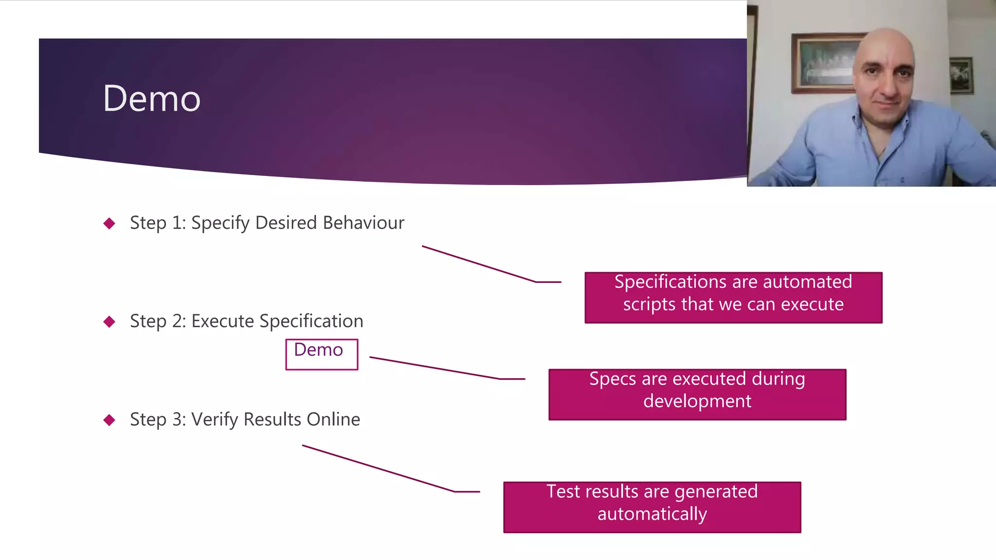 Demo  Step 1: Specify Desired Behaviour  Step 2: Execute Specification  Step 3: Verify Results Online 8 Specifications are automated scripts that we can execute Specs are executed during development Test results are generated automatically Demo 