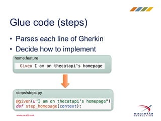 • Parses each line of Gherkin
• Decide how to implement
Glue code (steps)
home.feature
steps/steps.py
 