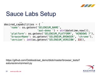 Sauce Labs Setup
61
https://github.com/Ooblioob/aat_demo/blob/master/browser_tests/f
eatures/environment.py
 
