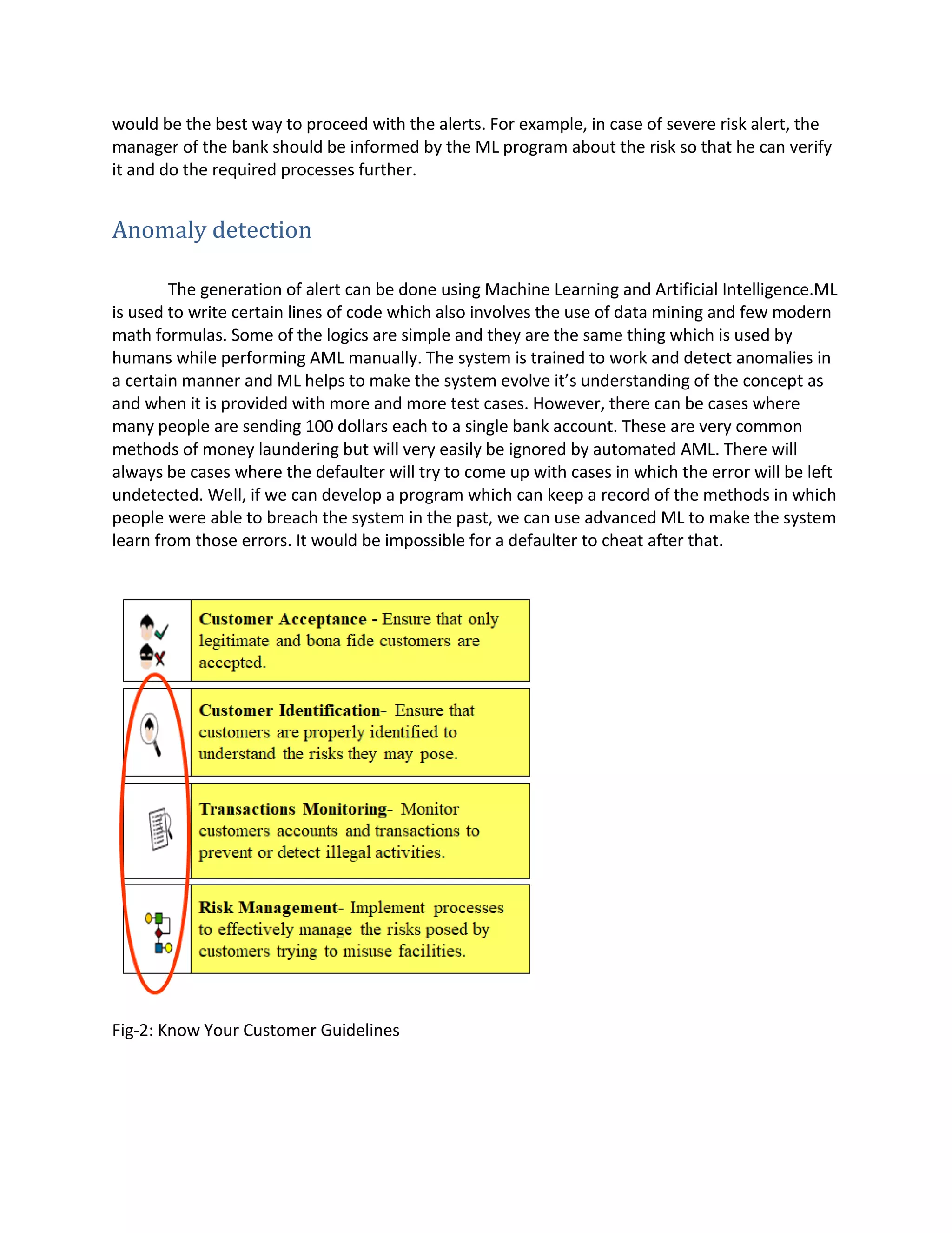 would be the best way to proceed with the alerts. For example, in case of severe risk alert, the
manager of the bank should be informed by the ML program about the risk so that he can verify
it and do the required processes further.
Anomaly detection
The generation of alert can be done using Machine Learning and Artificial Intelligence.ML
is used to write certain lines of code which also involves the use of data mining and few modern
math formulas. Some of the logics are simple and they are the same thing which is used by
humans while performing AML manually. The system is trained to work and detect anomalies in
a certain manner and ML helps to make the system evolve it’s understanding of the concept as
and when it is provided with more and more test cases. However, there can be cases where
many people are sending 100 dollars each to a single bank account. These are very common
methods of money laundering but will very easily be ignored by automated AML. There will
always be cases where the defaulter will try to come up with cases in which the error will be left
undetected. Well, if we can develop a program which can keep a record of the methods in which
people were able to breach the system in the past, we can use advanced ML to make the system
learn from those errors. It would be impossible for a defaulter to cheat after that.
Fig-2: Know Your Customer Guidelines
 