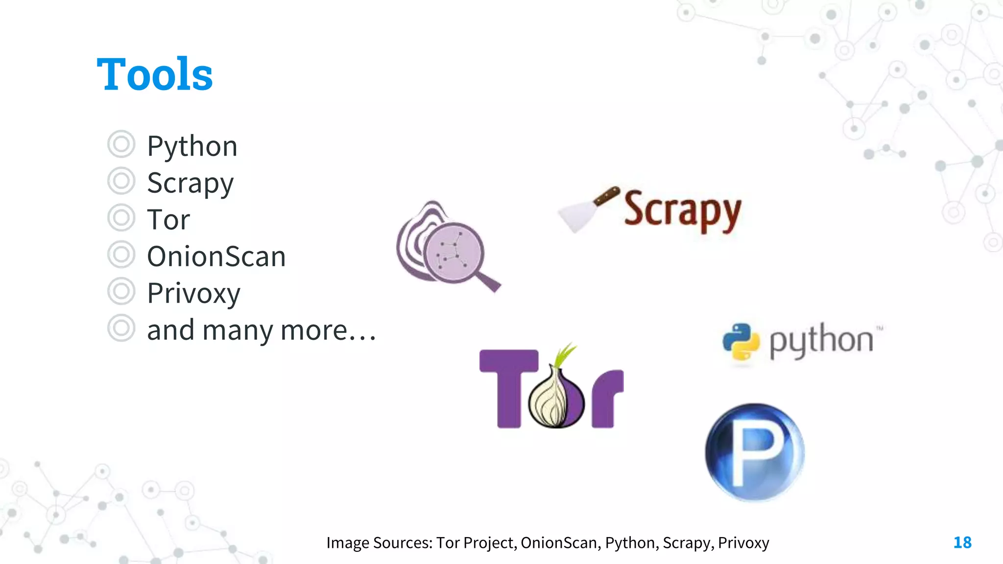 Tools
◎ Python
◎ Scrapy
◎ Tor
◎ OnionScan
◎ Privoxy
◎ and many more…
18Image Sources: Tor Project, OnionScan, Python, Scrapy, Privoxy
 