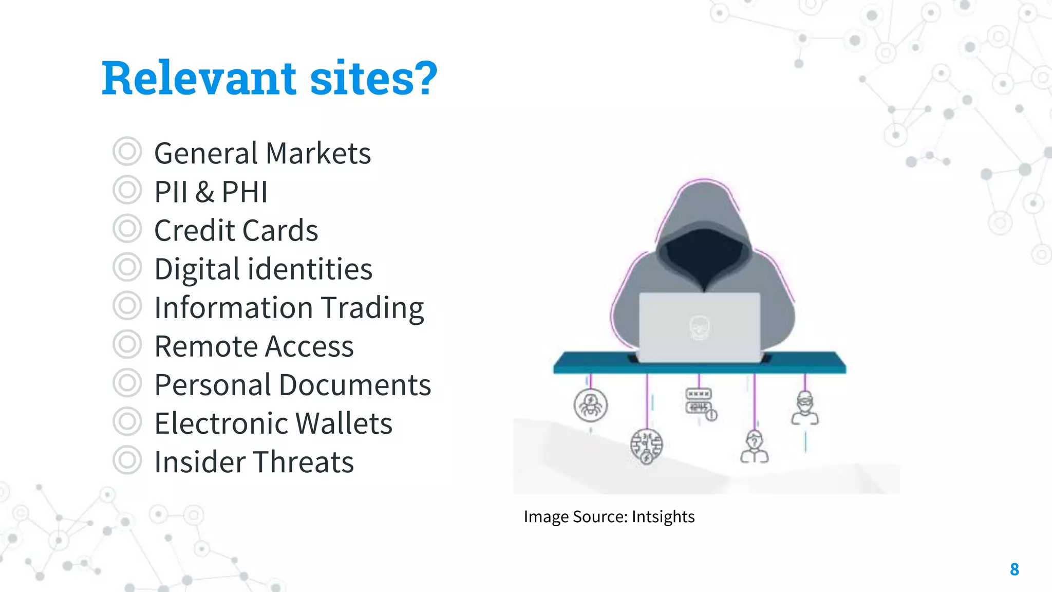 Relevant sites?
◎ General Markets
◎ PII & PHI
◎ Credit Cards
◎ Digital identities
◎ Information Trading
◎ Remote Access
◎ Personal Documents
◎ Electronic Wallets
◎ Insider Threats
8
Image Source: Intsights
 