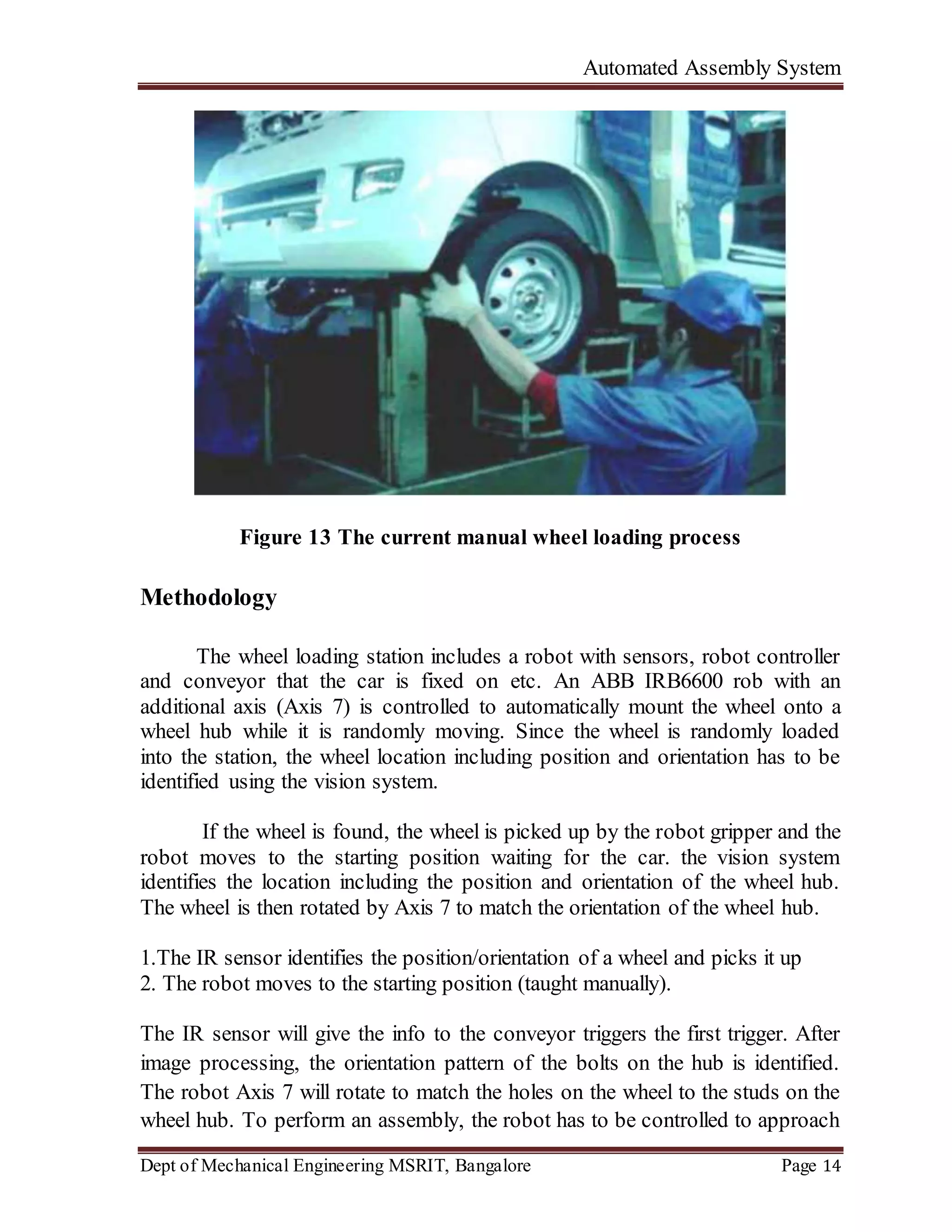 Automated Assembly System
Dept of Mechanical Engineering MSRIT, Bangalore Page 14
Figure 13 The current manual wheel loading process
Methodology
The wheel loading station includes a robot with sensors, robot controller
and conveyor that the car is fixed on etc. An ABB IRB6600 rob with an
additional axis (Axis 7) is controlled to automatically mount the wheel onto a
wheel hub while it is randomly moving. Since the wheel is randomly loaded
into the station, the wheel location including position and orientation has to be
identified using the vision system.
If the wheel is found, the wheel is picked up by the robot gripper and the
robot moves to the starting position waiting for the car. the vision system
identifies the location including the position and orientation of the wheel hub.
The wheel is then rotated by Axis 7 to match the orientation of the wheel hub.
1.The IR sensor identifies the position/orientation of a wheel and picks it up
2. The robot moves to the starting position (taught manually).
The IR sensor will give the info to the conveyor triggers the first trigger. After
image processing, the orientation pattern of the bolts on the hub is identified.
The robot Axis 7 will rotate to match the holes on the wheel to the studs on the
wheel hub. To perform an assembly, the robot has to be controlled to approach
 