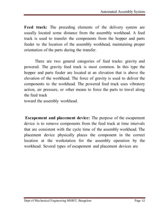 Automated Assembly System
Dept of Mechanical Engineering MSRIT, Bangalore Page 12
Feed track: The preceding elements of the delivery system are
usually located some distance from the assembly workhead. A feed
track is used to transfer the components from the hopper and parts
feeder to the location of the assembly workhead, maintaining proper
orientation of the parts during the transfer.
There are two general categories of feed tracks: gravity and
powered. The gravity feed track is most common. In this type the
hopper and parts feeder are located at an elevation that is above the
elevation of the workhead. The force of gravity is used to deliver the
components to the workhead. The powered feed track uses vibratory
action, air pressure, or other means to force the parts to travel along
the feed track
toward the assembly workhead.
Escapement and placement device: The purpose of the escapement
device is to remove components from the feed track at time intervals
that are consistent with the cycle time of the assembly workhead. The
placement device physically places the component in the correct
location at the workstation for the assembly operation by the
workhead. Several types of escapement and placement devices are
 