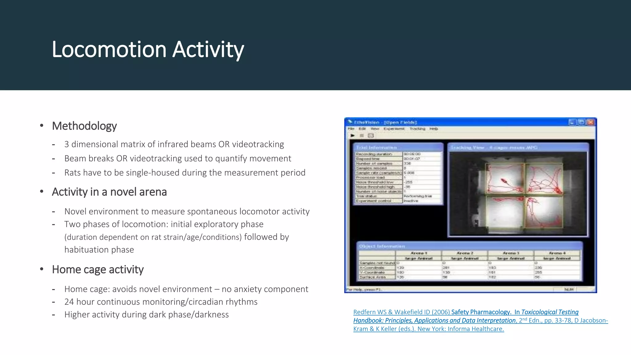 • Methodology
- 3 dimensional matrix of infrared beams OR videotracking
- Beam breaks OR videotracking used to quantify movement
- Rats have to be single-housed during the measurement period
• Activity in a novel arena
- Novel environment to measure spontaneous locomotor activity
- Two phases of locomotion: initial exploratory phase
(duration dependent on rat strain/age/conditions) followed by
habituation phase
• Home cage activity
- Home cage: avoids novel environment – no anxiety component
- 24 hour continuous monitoring/circadian rhythms
- Higher activity during dark phase/darkness Redfern WS & Wakefield ID (2006) Safety Pharmacology. In Toxicological Testing
Handbook: Principles, Applications and Data Interpretation, 2nd Edn., pp. 33-78, D Jacobson-
Kram & K Keller (eds.). New York: Informa Healthcare.
Locomotion Activity
 