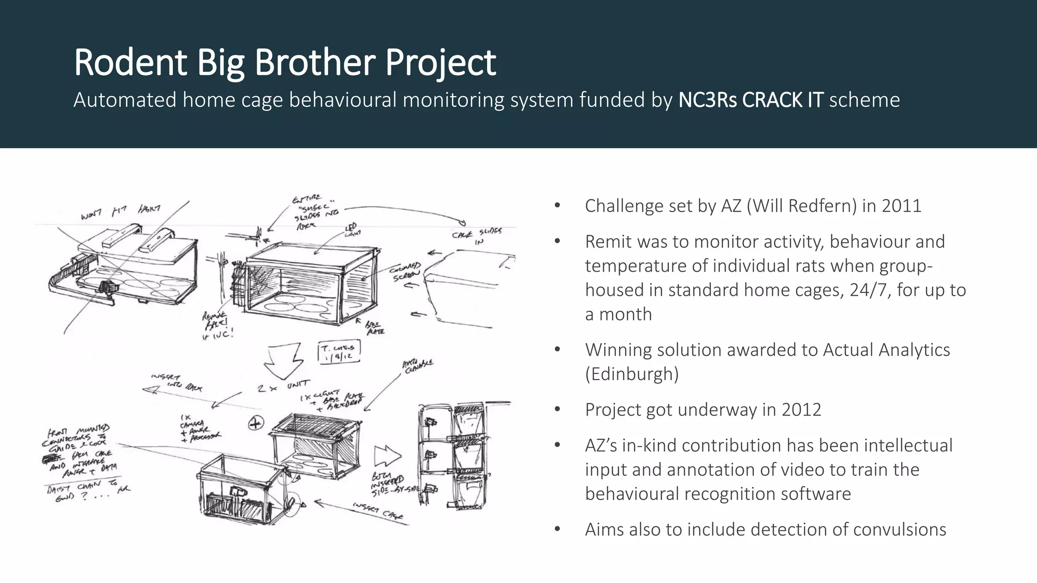 • Challenge set by AZ (Will Redfern) in 2011
• Remit was to monitor activity, behaviour and
temperature of individual rats when group-
housed in standard home cages, 24/7, for up to
a month
• Winning solution awarded to Actual Analytics
(Edinburgh)
• Project got underway in 2012
• AZ’s in-kind contribution has been intellectual
input and annotation of video to train the
behavioural recognition software
• Aims also to include detection of convulsions
Rodent Big Brother Project
Automated home cage behavioural monitoring system funded by NC3Rs CRACK IT scheme
 