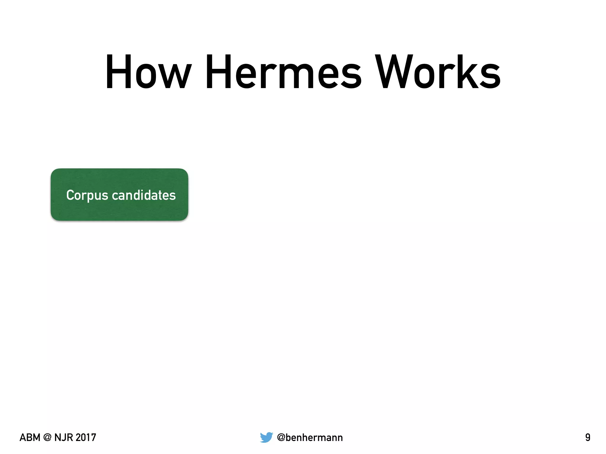 @benhermannABM @ NJR 2017
How Hermes Works
9
Corpus candidates
 