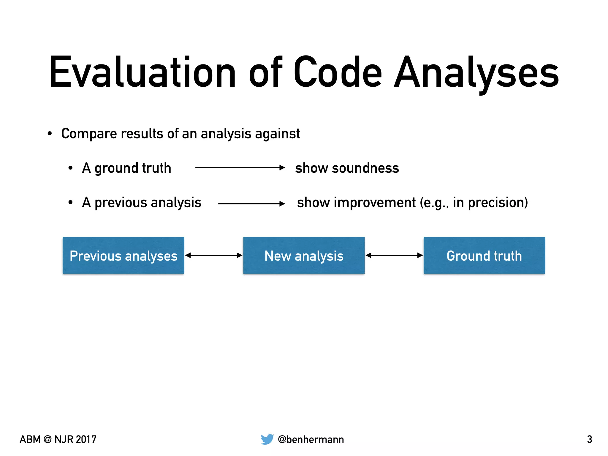 @benhermannABM @ NJR 2017
Evaluation of Code Analyses
• Compare results of an analysis against
• A ground truth show soundness
• A previous analysis show improvement (e.g., in precision)
3
New analysis Ground truthPrevious analyses
 