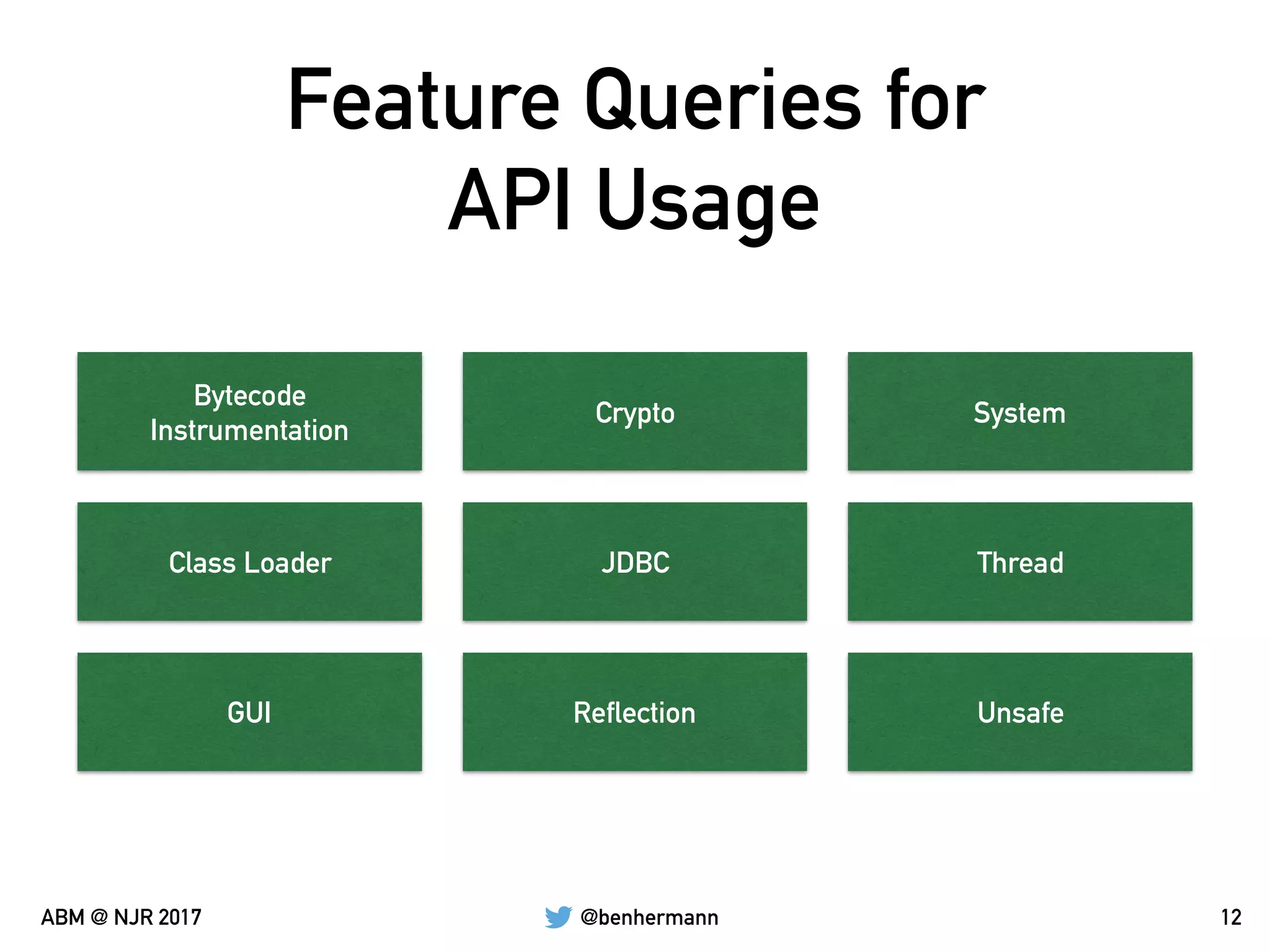 @benhermannABM @ NJR 2017
Feature Queries for  
API Usage
12
Bytecode  
Instrumentation
Class Loader
GUI
Crypto
JDBC
Reflection
System
Thread
Unsafe
 