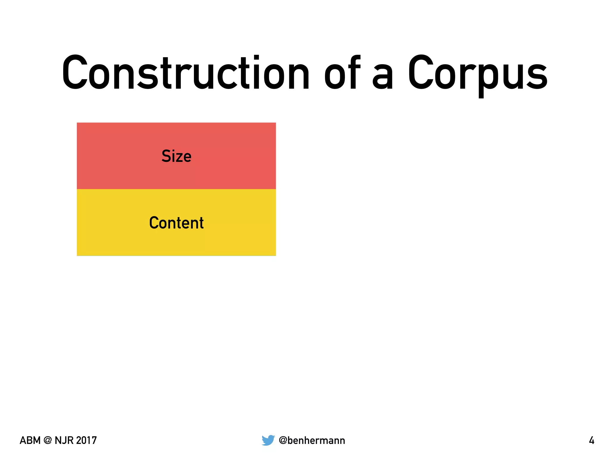 @benhermannABM @ NJR 2017
Construction of a Corpus
4
Size
Content
 