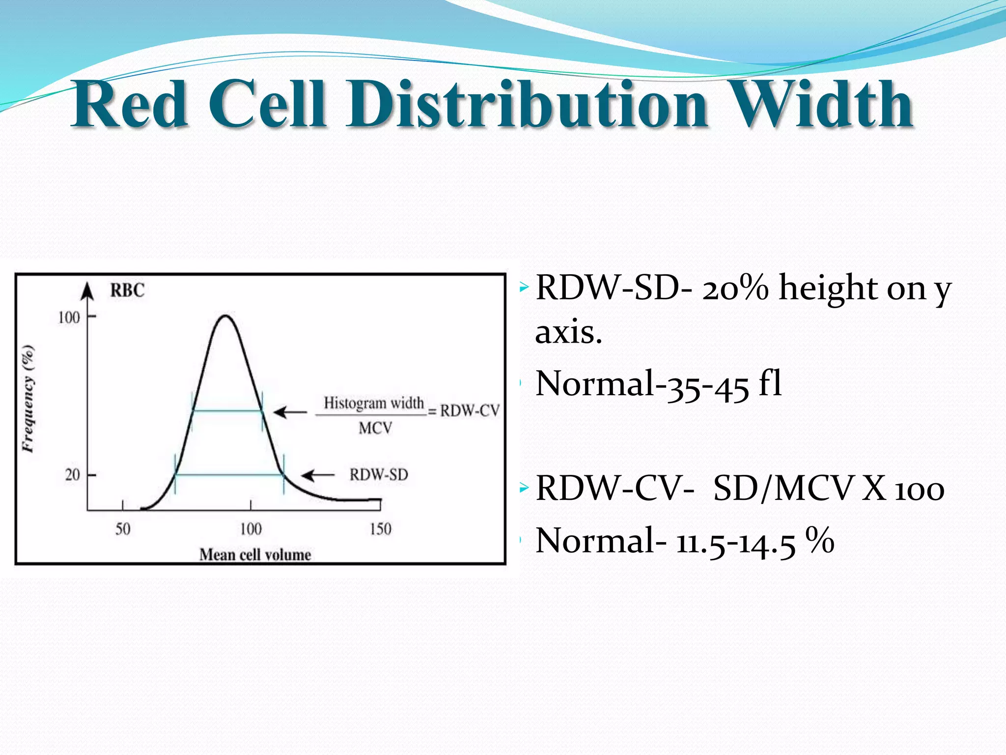 Red Cell Distribution Width
RDW-SD- 20% height on y
axis.
 Normal-35-45 fl
RDW-CV- SD/MCV X 100
 Normal- 11.5-14.5 %
 