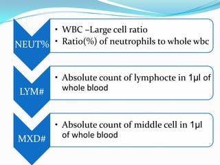 NEUT%
• WBC –Large cell ratio
• Ratio(%) of neutrophils to whole wbc
LYM#
• Absolute count of lymphocte in 1µl of
whole blood
MXD#
• Absolute count of middle cell in 1µl
of whole blood
 