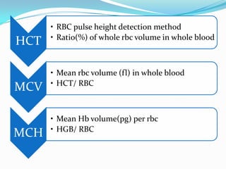 HCT
• RBC pulse height detection method
• Ratio(%) of whole rbc volume in whole blood
MCV
• Mean rbc volume (fl) in whole blood
• HCT/ RBC
MCH
• Mean Hb volume(pg) per rbc
• HGB/ RBC
 