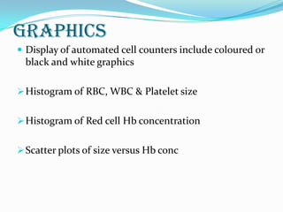 graphics
 Display of automated cell counters include coloured or
black and white graphics
Histogram of RBC, WBC & Platelet size
Histogram of Red cell Hb concentration
Scatter plots of size versus Hb conc
 