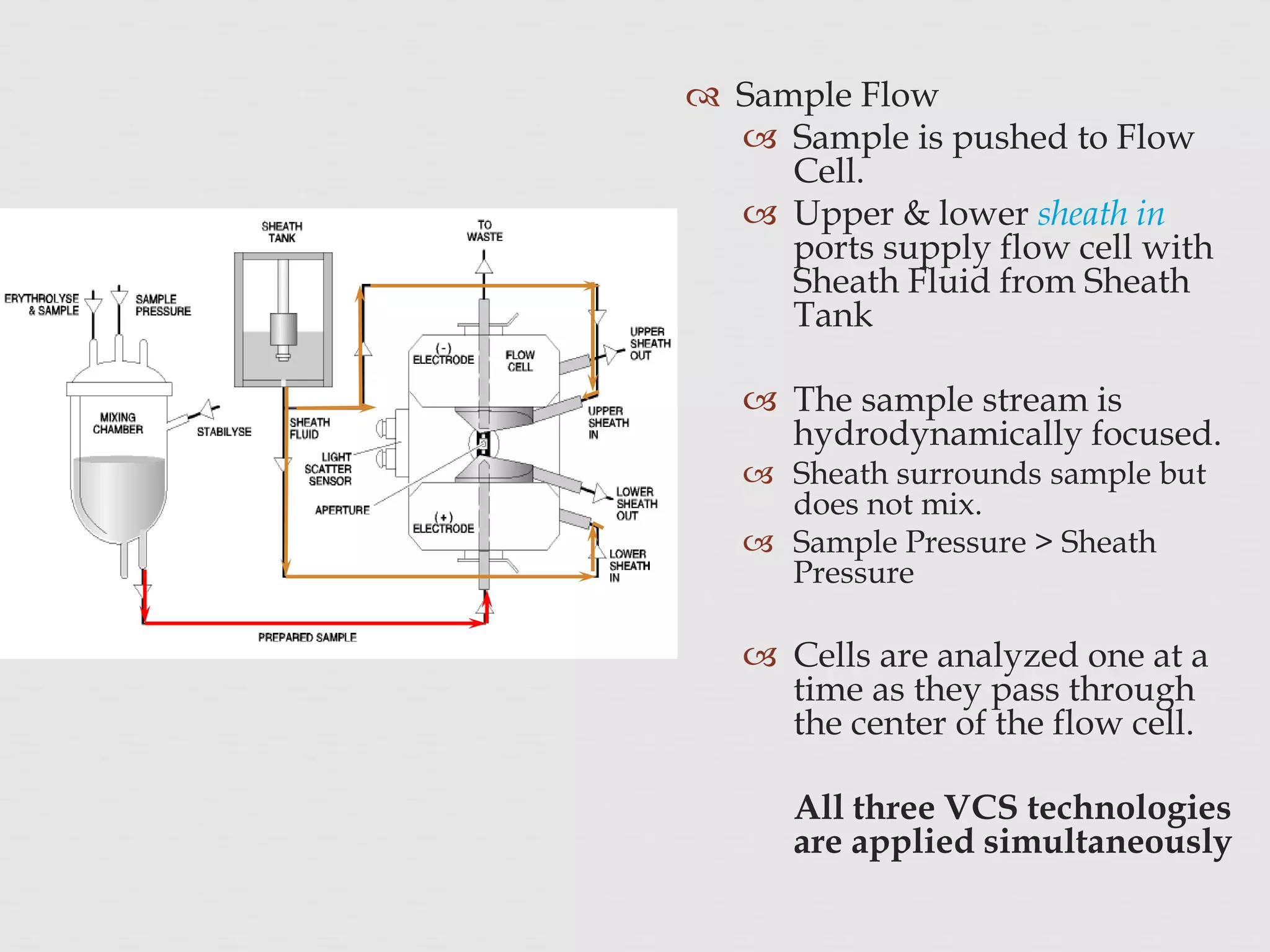  Sample Flow
 Sample is pushed to Flow
Cell.
 Upper & lower sheath in
ports supply flow cell with
Sheath Fluid from Sheath
Tank
 The sample stream is
hydrodynamically focused.
 Sheath surrounds sample but
does not mix.
 Sample Pressure > Sheath
Pressure
 Cells are analyzed one at a
time as they pass through
the center of the flow cell.
All three VCS technologies
are applied simultaneously
 