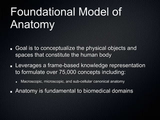 Foundational Model of AnatomyGoal is to conceptualize the physical objects and spaces that constitute the human bodyLeverages a frame-based knowledge representation to formulate over 75,000 concepts including:Macroscopic, microscopic, and sub-cellular canonical anatomyAnatomy is fundamental to biomedical domains