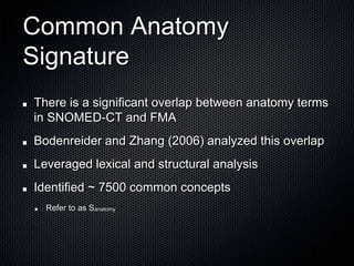 Common Anatomy SignatureThere is a significant overlap between anatomy terms in SNOMED-CT and FMABodenreider and Zhang (2006) analyzed this overlapLeveraged lexical and structural analysisIdentified ~ 7500 common conceptsRefer to as Sanatomy