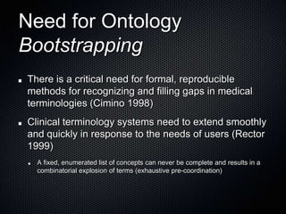 Need for Ontology BootstrappingThere is a critical need for formal, reproducible methods for recognizing and filling gaps in medical terminologies (Cimino 1998)Clinical terminology systems need to extend smoothly and quickly in response to the needs of users (Rector 1999)A fixed, enumerated list of concepts can never be complete and results in a combinatorial explosion of terms (exhaustive pre-coordination)