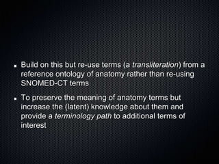 Build on this but re-use terms (a transliteration) from a reference ontology of anatomy rather than re-using SNOMED-CT termsTo preserve the meaning of anatomy terms but increase the (latent) knowledge about them and provide a terminology path to additional terms of interest