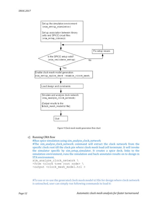 SNUG 2017
Page 12 Automatic clock mesh analysis for faster turnaround
Figure 9 Clock mesh model generation flow chart
c) Running CMA flow
#Run spice simulation using sim_analyze_clock_network
#The sim_analyze_clock_network command will extract the clock network from the
specific clock root till the clock pin where clock mesh load cell terminate. It will invoke
the simulator specific by sim_setup_simulator. It creates a spice deck, links to the
simulation environment, runs the simulation and back annotates results on to design in
STA environment.
sim_analyze_clock_network 
-from <clock tree root node> 
-output <clock_mesh_model.tcl >
#To use or re-use the generated clock mesh model tcl file for design where clock network
is untouched, user can simply run following commands to load it:
 