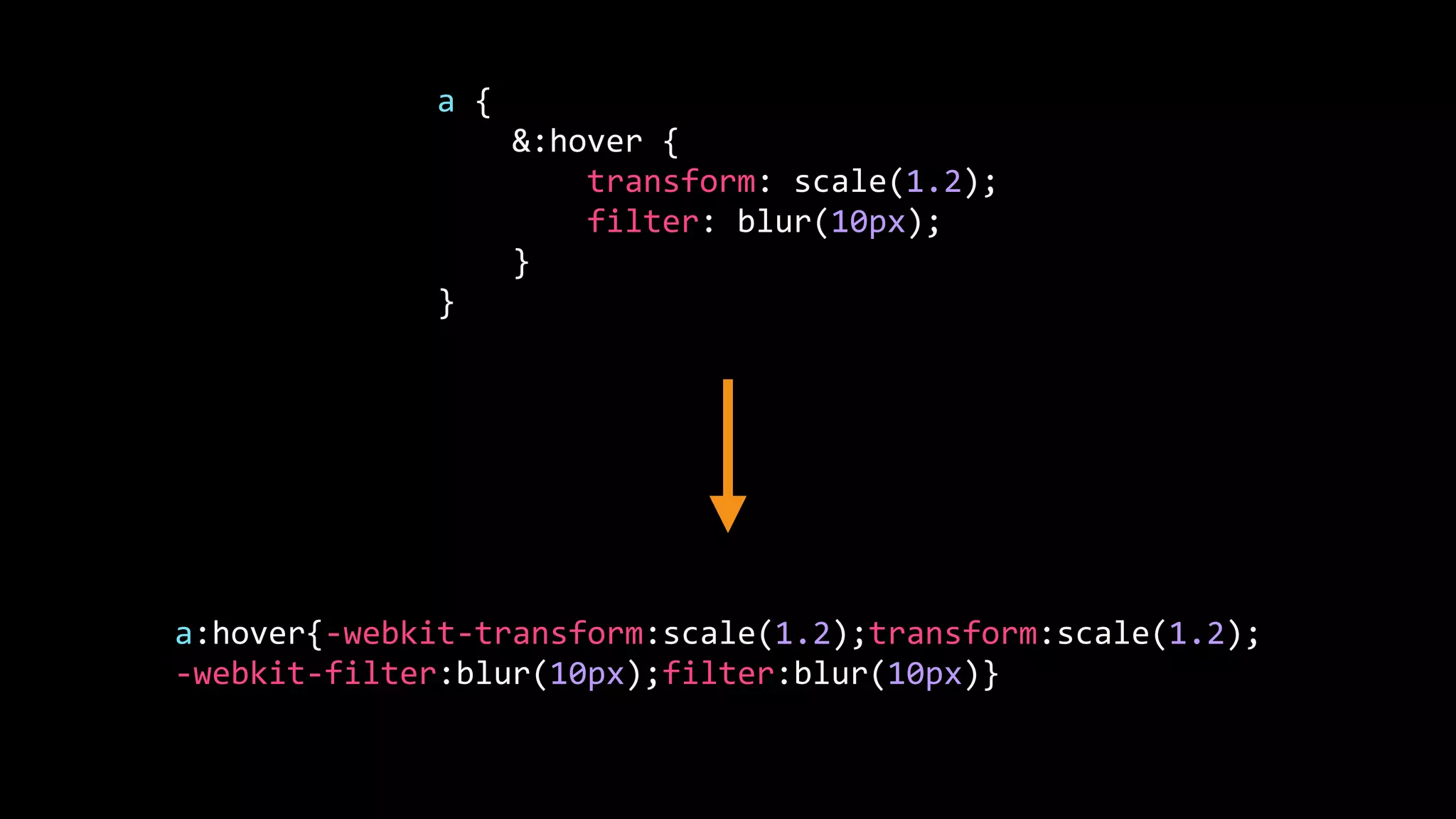 a { &:hover { transform: scale(1.2); filter: blur(10px); } } a:hover{-webkit-transform:scale(1.2);transform:scale(1.2); -webkit-filter:blur(10px);filter:blur(10px)} 