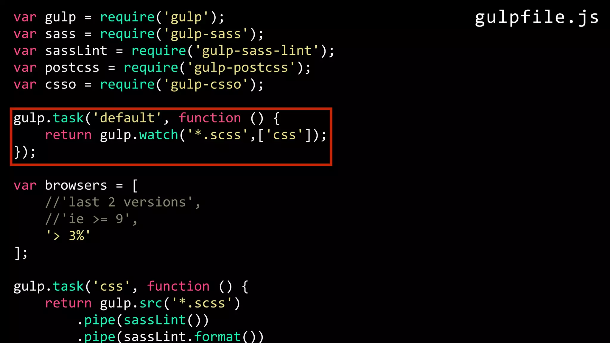 var gulp = require('gulp'); var sass = require('gulp-sass'); var sassLint = require('gulp-sass-lint'); var postcss = require('gulp-postcss'); var csso = require('gulp-csso'); gulp.task('default', function () { return gulp.watch('*.scss',['css']); }); var browsers = [ //'last 2 versions', //'ie >= 9', '> 3%' ]; gulp.task('css', function () { return gulp.src('*.scss') .pipe(sassLint()) .pipe(sassLint.format()) gulpfile.js 