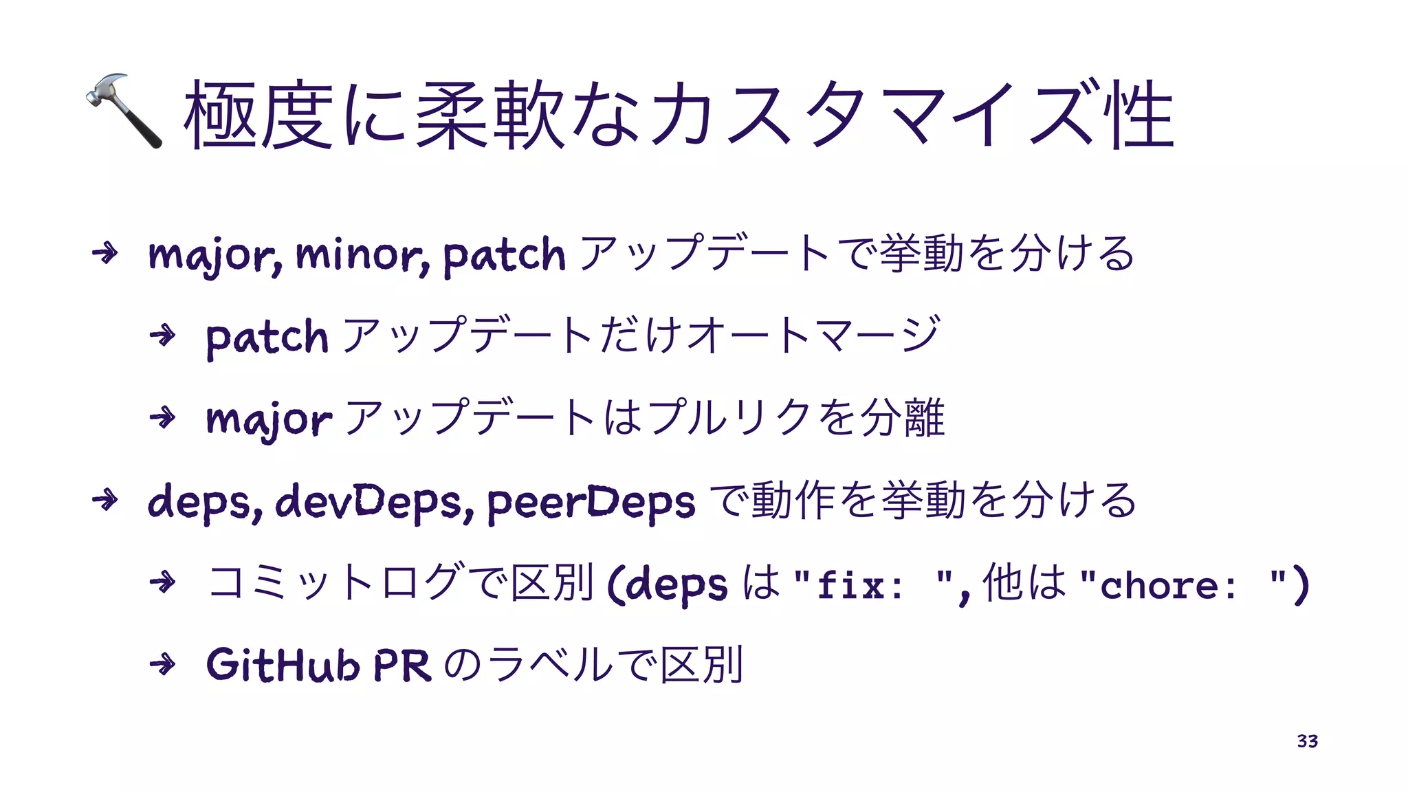 !
4 major, minor, patch
4 patch
4 major
4 deps, devDeps, peerDeps
4 (deps "fix: ", "chore: ")
4 GitHub PR
33
 