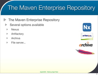 The Maven Enterprise Repository
The Maven Enterprise Repository
Several options available
 Nexus
 Artifactory
 Archiva
 File server...




                      Agile2009 - Making Agile Real
                                                      10
 