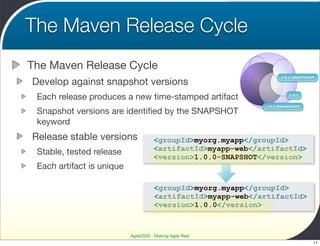 The Maven Release Cycle
The Maven Release Cycle
Develop against snapshot versions
                                                                    1.0.1-SNAPSHOT




 Each release produces a new time-stamped artifact                     1.0.1


                                                              1.0.2-SNAPSHOT
 Snapshot versions are identiﬁed by the SNAPSHOT
 keyword
Release stable versions               <groupId>myorg.myapp</groupId>
                                      <artifactId>myapp-web</artifactId>
 Stable, tested release
                                      <version>1.0.0-SNAPSHOT</version>
 Each artifact is unique

                                      <groupId>myorg.myapp</groupId>
                                      <artifactId>myapp-web</artifactId>
                                      <version>1.0.0</version>



                           Agile2009 - Making Agile Real
                                                                                 11
 