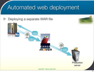 Automated web deployment
Deploying a separate WAR ﬁle



                     1.0.1

           WAR
                 1.0.1




                              maven
                                                             WAR
                                                                   1.0.1




                                                                           Production
                                                                             server
                             Agile2009 - Making Agile Real
                                                                                        35
 