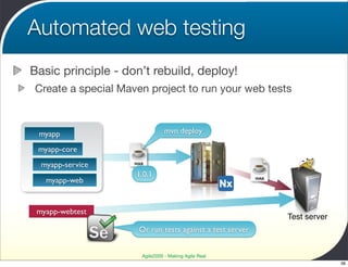 Automated web testing
Basic principle - don’t rebuild, deploy!
Create a special Maven project to run your web tests



 myapp                          mvn deploy

 myapp-core
  myapp-service     WAR

                    1.0.1
   myapp-web                                              WAR




 myapp-webtest
                                                                Test server
                     Or run tests against a test server


                      Agile2009 - Making Agile Real
                                                                              38
 
