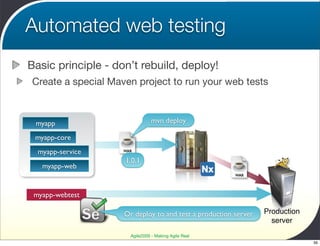 Automated web testing
Basic principle - don’t rebuild, deploy!
Create a special Maven project to run your web tests



 myapp                          mvn deploy

 myapp-core
  myapp-service     WAR

                    1.0.1
   myapp-web
                                                       WAR




 myapp-webtest

                    Or deploy to and test a production server   Production
                                                                  server
                      Agile2009 - Making Agile Real
                                                                             39
 