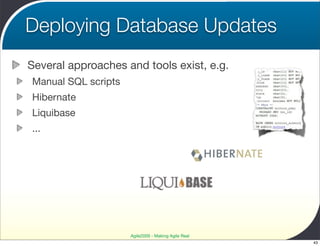 Deploying Database Updates
Several approaches and tools exist, e.g.
Manual SQL scripts
Hibernate
Liquibase
...




                     Agile2009 - Making Agile Real
                                                     43
 