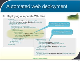 Automated web deployment
Deploying a separate WAR ﬁle
<plugin>
  <groupId>org.codehaus.cargo</groupId>
  <artifactId>cargo...