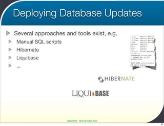 Deploying Database Updates
Several approaches and tools exist, e.g.
Manual SQL scripts
Hibernate
Liquibase
...




       ...