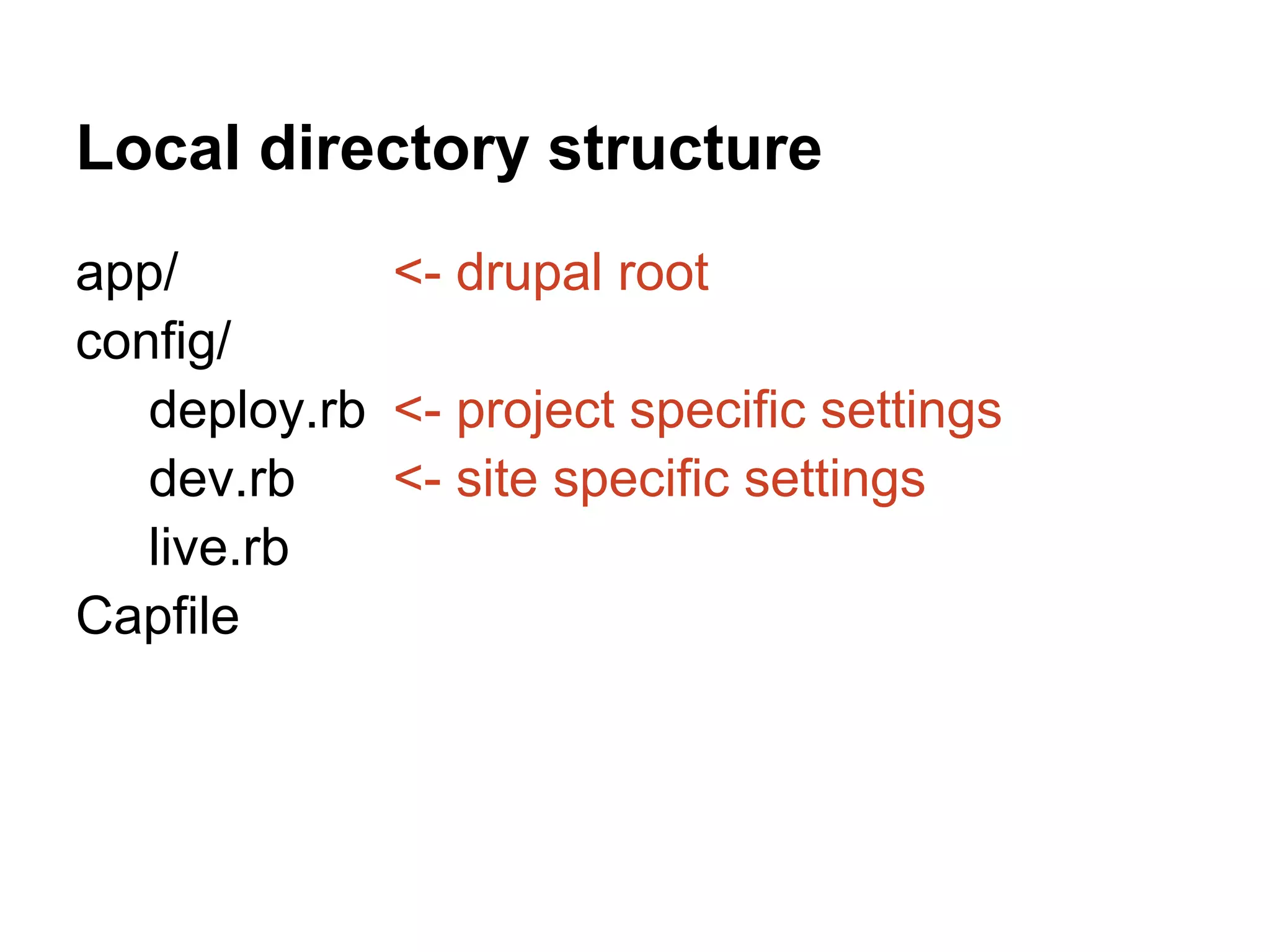 Local directory structure app/ <- drupal root config/ deploy.rb <- project specific settings dev.rb <- site specific settings live.rb Capfile 
