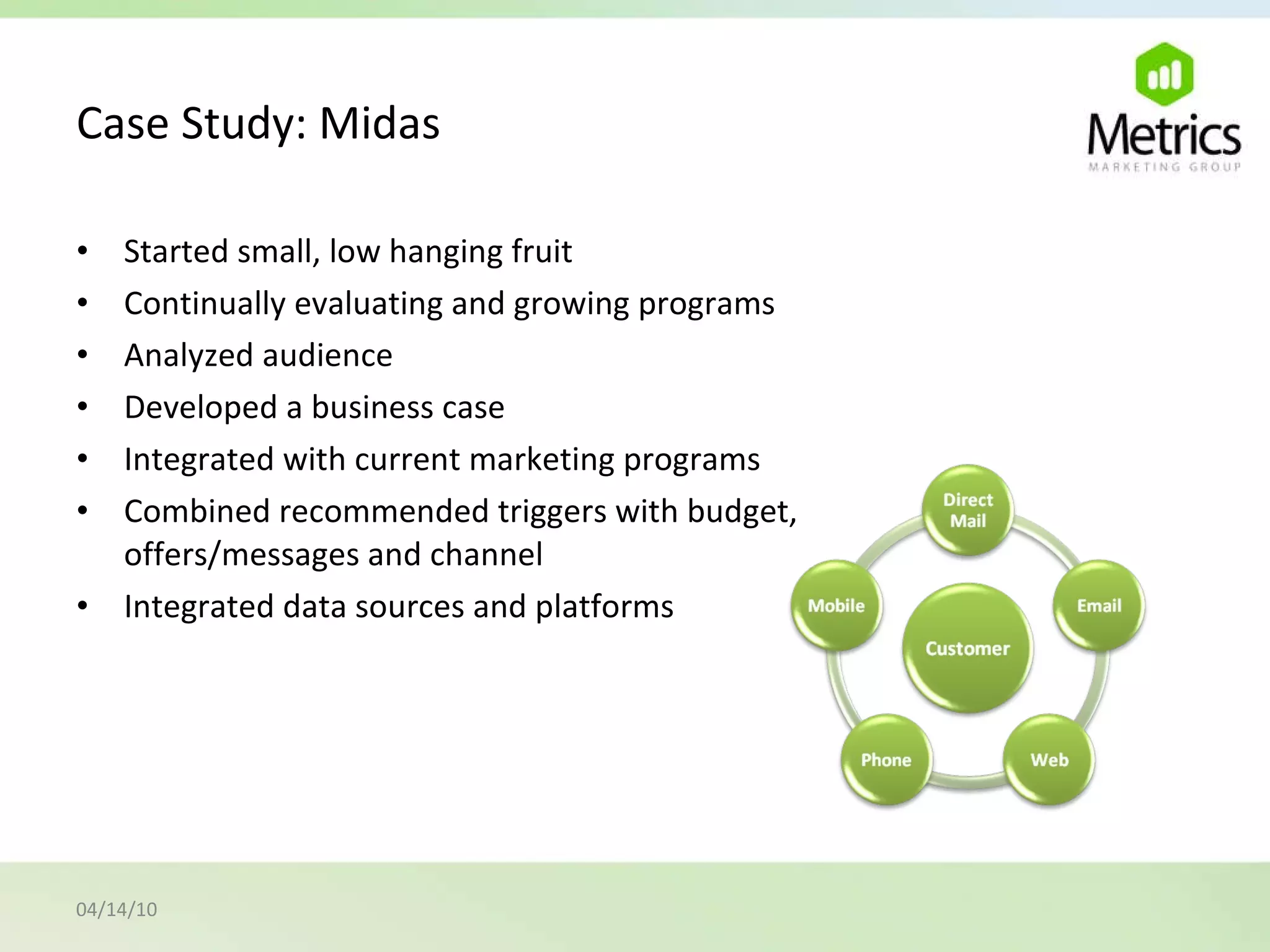 Case Study: Midas Started small, low hanging fruit Continually evaluating and growing programs Analyzed audience Developed a business case Integrated with current marketing programs Combined recommended triggers with budget,  offers/messages and channel Integrated data sources and platforms 04/14/10 