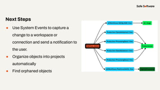 ● Use System Events to capture a
change to a workspace or
connection and send a notiﬁcation to
the user.
● Organize objects into projects
automatically
● Find orphaned objects
Next Steps
 