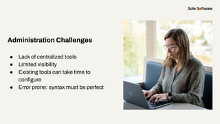 ● Lack of centralized tools
● Limited visibility
● Existing tools can take time to
conﬁgure
● Error prone: syntax must be perfect
Administration Challenges
 
