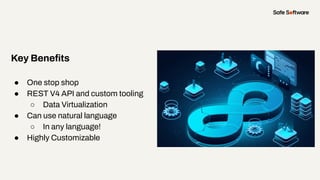 ● One stop shop
● REST V4 API and custom tooling
○ Data Virtualization
● Can use natural language
○ In any language!
● Highly Customizable
Key Beneﬁts
 
