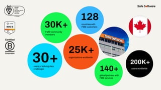 30+
30K+
128
140+
25K+
years of solving data
challenges
FME Community
members
countries with
FME customers
organizations worldwide
global partners with
FME services
200K+
users worldwide
200K+
users worldwide
 